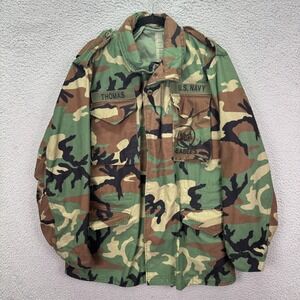 US Navy M-65 Field Jacket Mens M Long Green Woodland Camo Seabees Military Coat